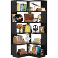 Bibliotheque d'angle en forme de L avec cinq niveaux de rangement, finition noire