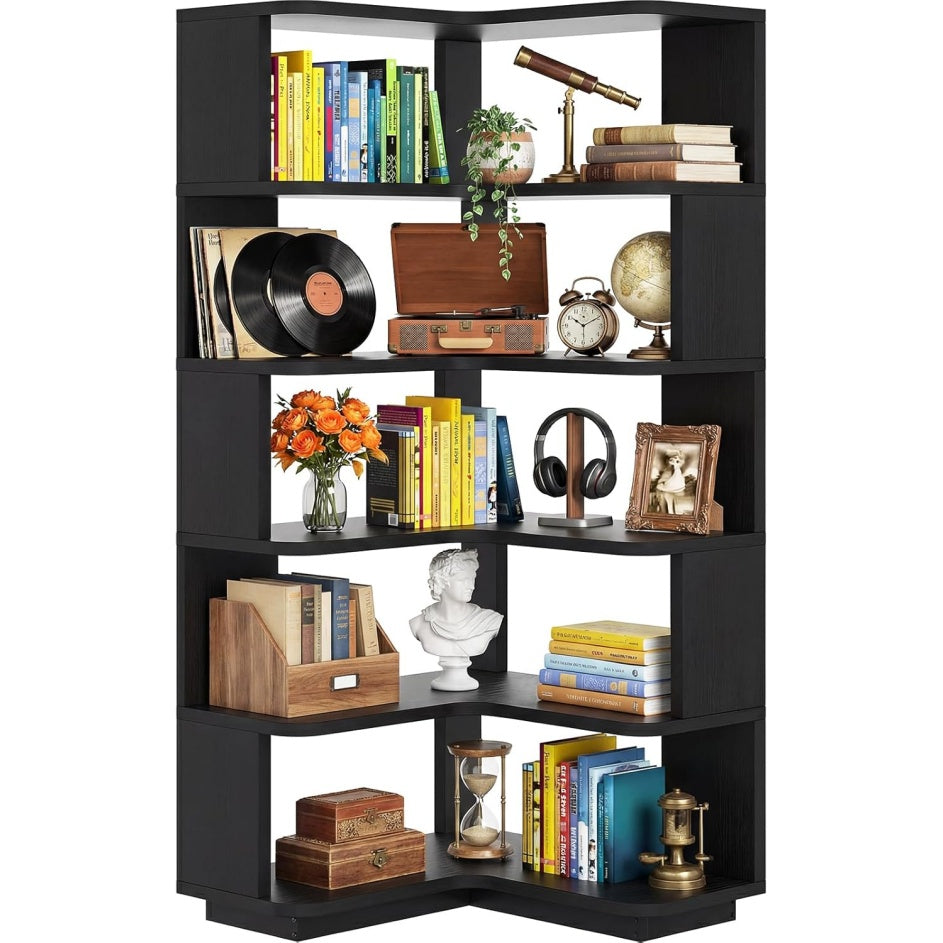 Bibliotheque d'angle en forme de L avec cinq niveaux de rangement, finition noire