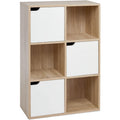 Bibliotheque a six cubes avec trois portes et trois compartiments ouverts, meuble de rangement moderne 60 x 30 x 90 cm, blanc et chene