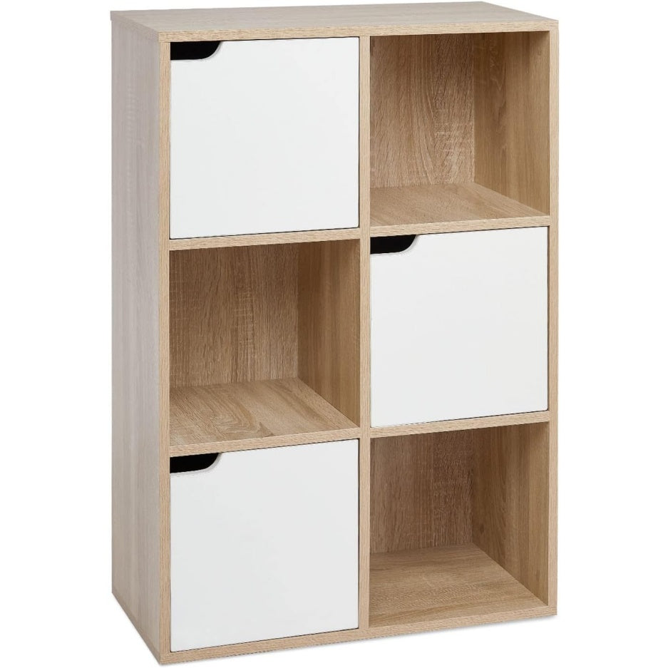 Bibliotheque a six cubes avec trois portes et trois compartiments ouverts, meuble de rangement moderne 60 x 30 x 90 cm, blanc et chene