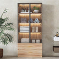 Meuble vitrine marron avec portes vitrees, deux tiroirs et eclairage LED integre