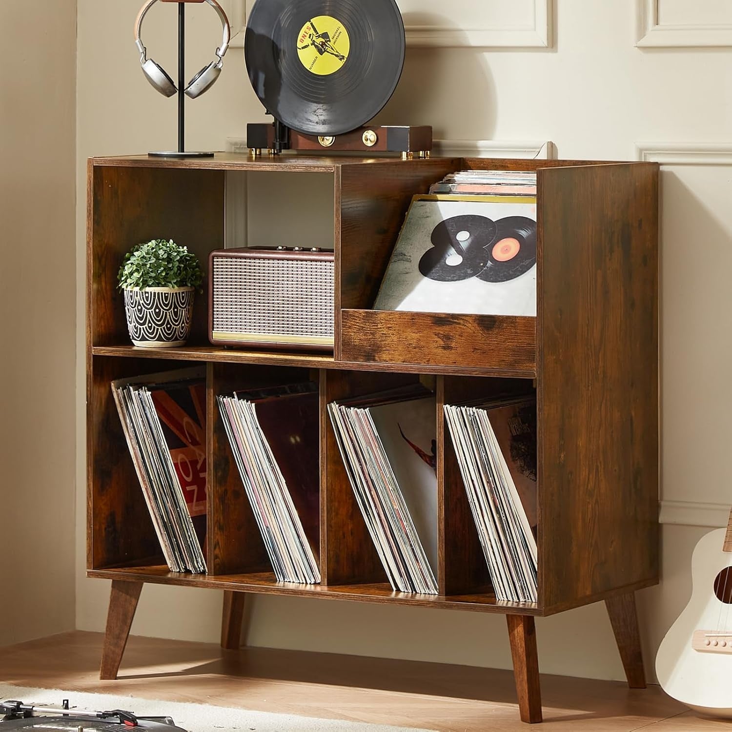 Meuble pour vinyles avec support pour platine, grande capacite jusqu'a 300 disques, presentoir de rangement pour collection musicale