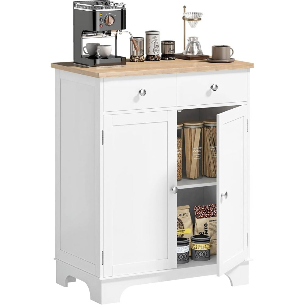 Buffet avec 2 tiroirs, placards et etagere reglable, meuble de rangement blanc et bois naturel pour cuisine ou salon