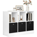 Bibliotheque cube blanche avec six casiers ouverts et trois tiroirs en tissu