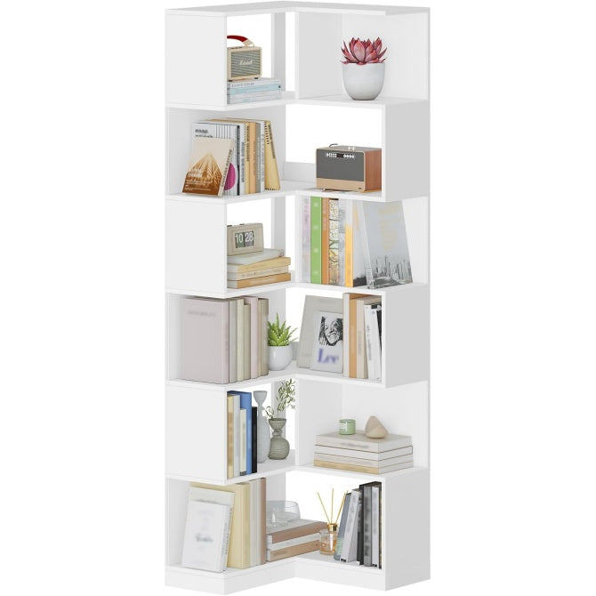 Bibliotheque dangle en forme de L avec 7 niveaux, meuble de rangement blanc 60 x 54 x 181,5 cm