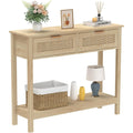 Console style boheme avec 2 tiroirs en rotin et etagere inferieure, table d'entree en bois pour couloir ou salon