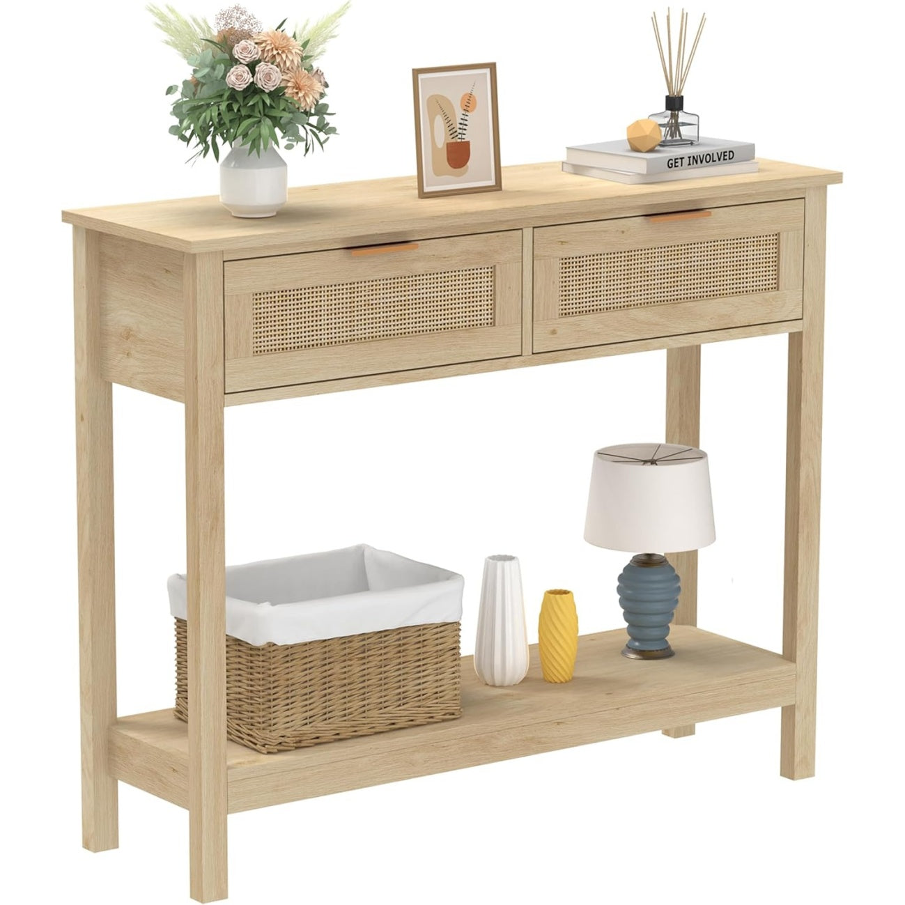 Console style boheme avec 2 tiroirs en rotin et etagere inferieure, table d'entree en bois pour couloir ou salon