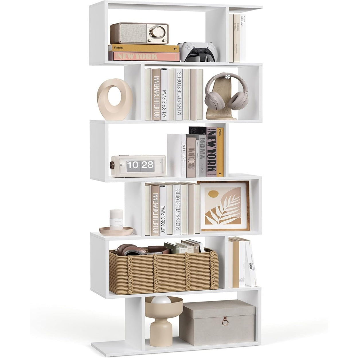 Bibliotheque haute 6 niveaux 24 x 70 x 191,6 cm, meuble de separation pour salon, chambre ou bureau, blanc nuage