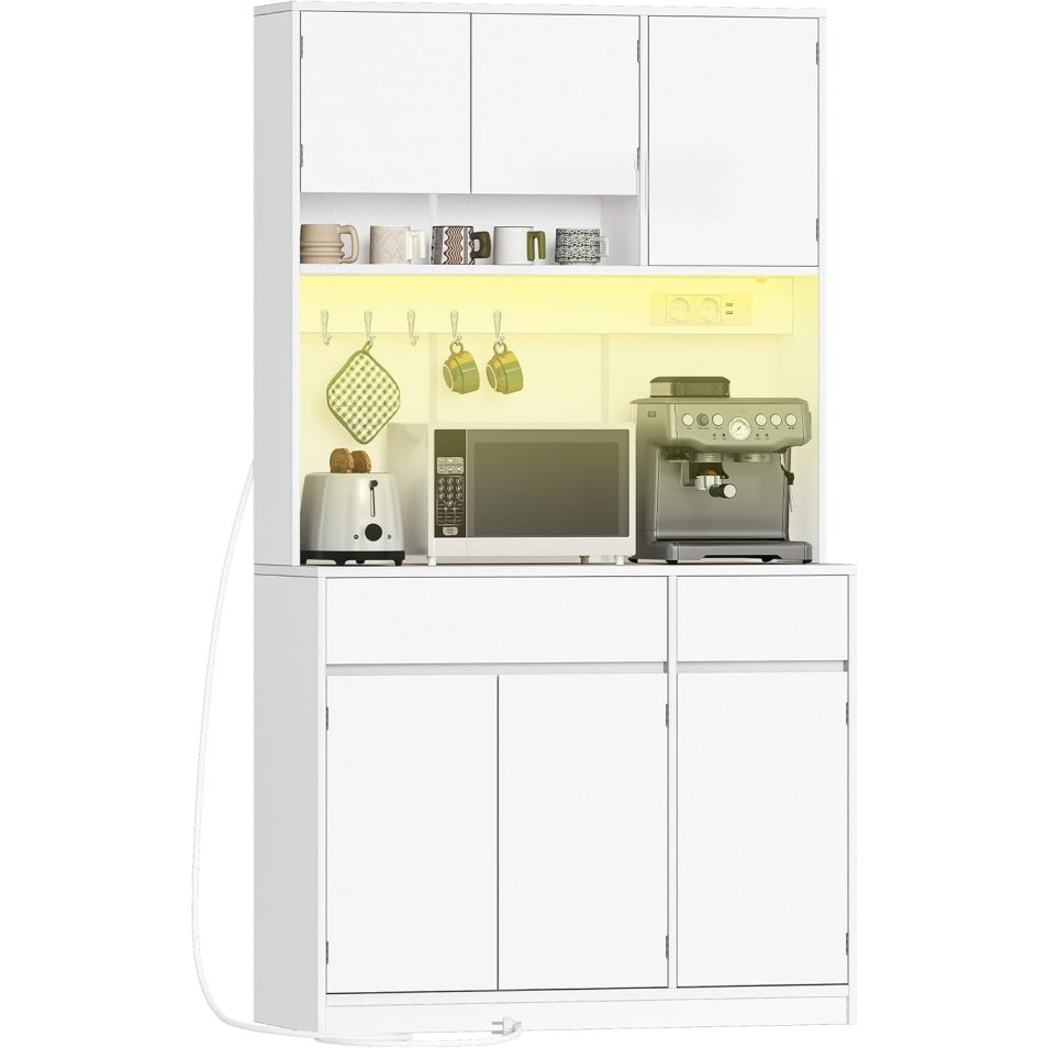 Buffet de cuisine avec plan de travail, prises integrees, 2 tiroirs et etageres reglables, meuble blanc 100 x 40 x 180 cm