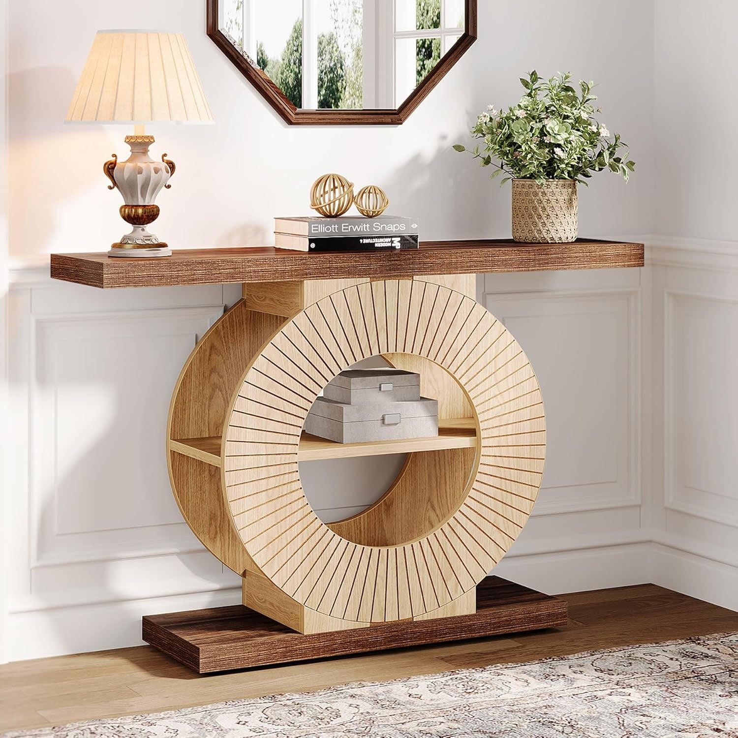 Console d'entree avec etageres de rangement et base ronde, table etroite multifonction pour couloir ou salon
