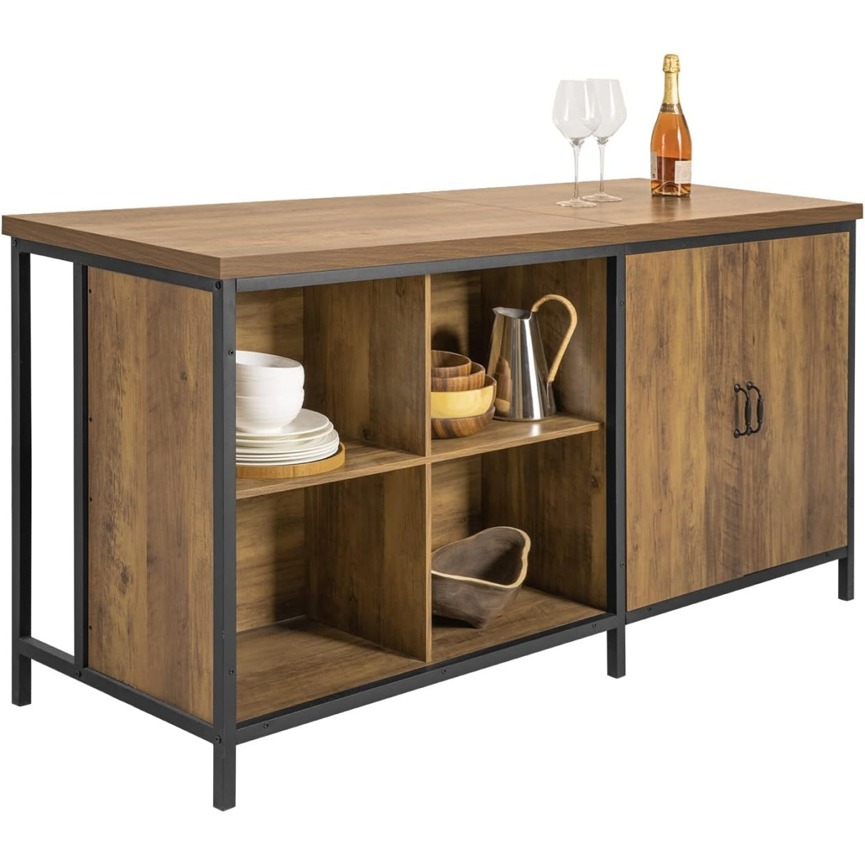 ?lot central de cuisine avec grand plan de travail, rangements integres et espace bar en finition marron vintage