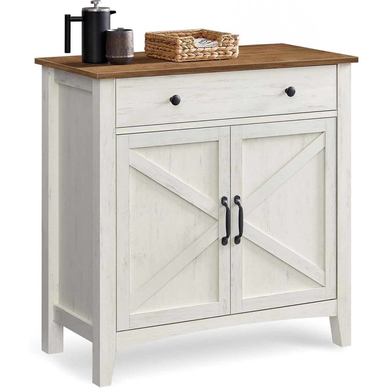 Buffet style campagne avec tiroir, portes et etagere reglable, meuble de rangement 80 x 40 x 80 cm, blanc rustique et marron miel