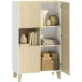 Buffet haut avec 6 compartiments et portes a fermeture amortie, meuble de rangement moderne 80 x 40 x 135 cm, blanc et bois naturel