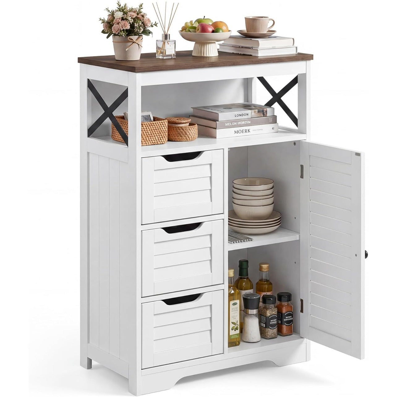Buffet a lamelles avec tiroir, etageres ouvertes et etageres reglables, meuble de rangement compact pour cuisine, salle de bain ou salon, blanc