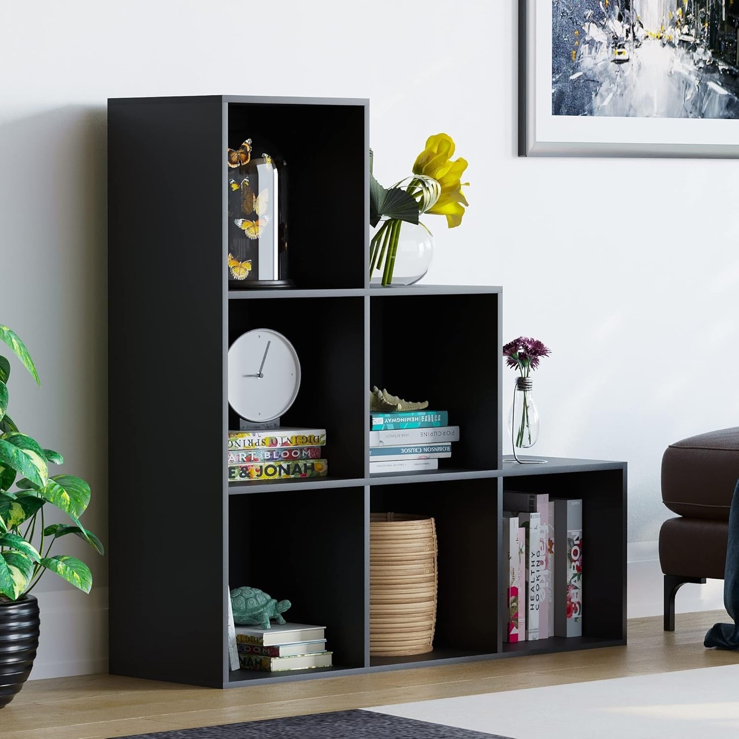 Bibliotheque escalier a 6 cubes, etagere de rangement moderne pour salon, bureau ou chambre, noir