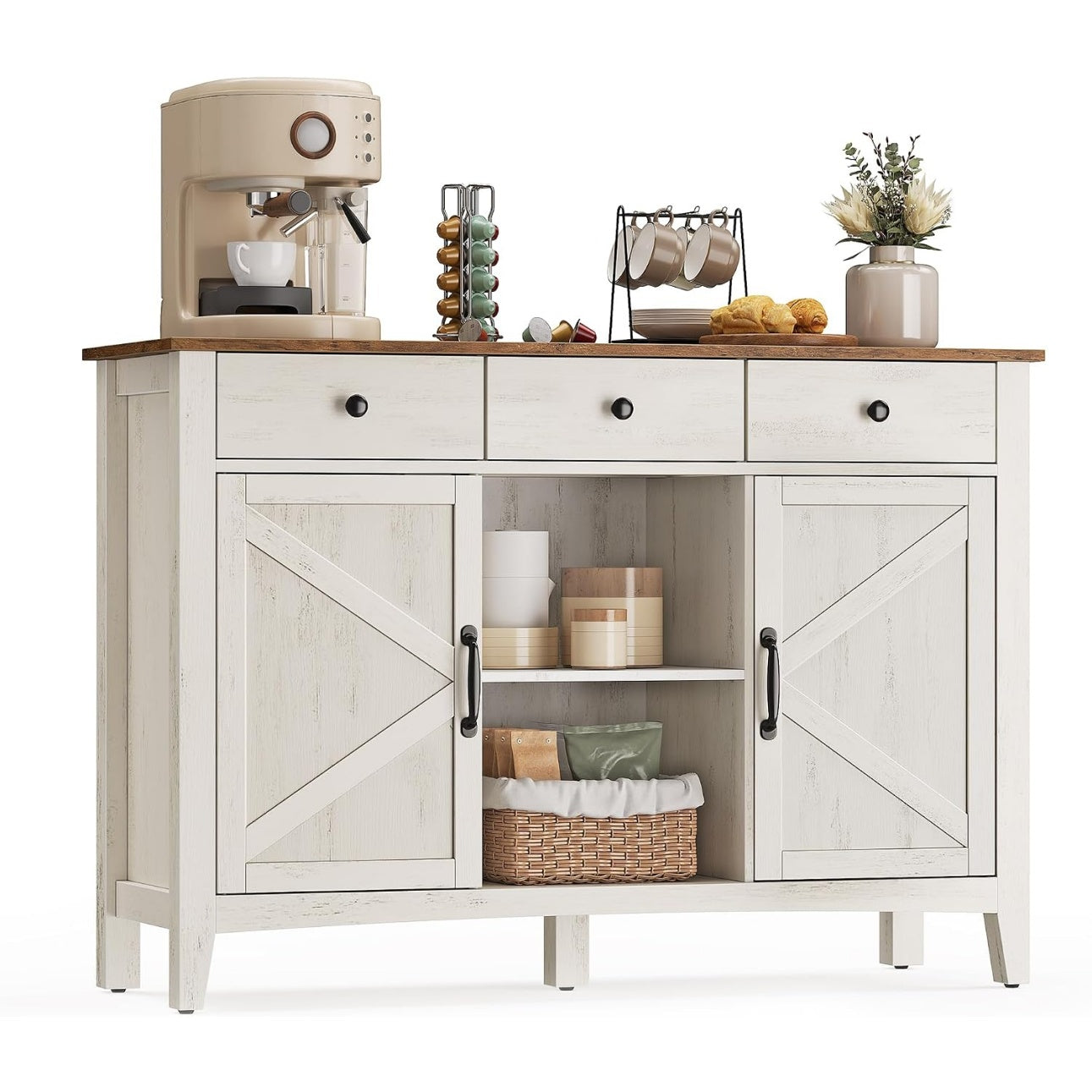 Buffet style campagne avec tiroir, portes et etagere reglable, meuble de rangement 40 x 114,5 x 80 cm, blanc rustique et marron miel
