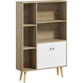 Bibliotheque scandinave avec 5 niches, placard 2 portes et pieds en bois massif, meuble de rangement blanc et chene