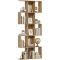Bibliotheque etroite en forme de S avec cinq niveaux et quinze compartiments ouverts, finition chene