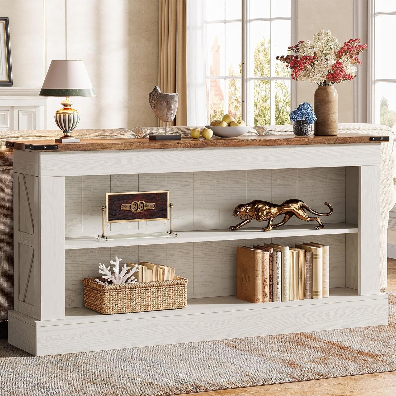 Console d'entree 160 cm a deux niveaux, ideale derriere un canape ou dans un couloir, finition blanc et brun
