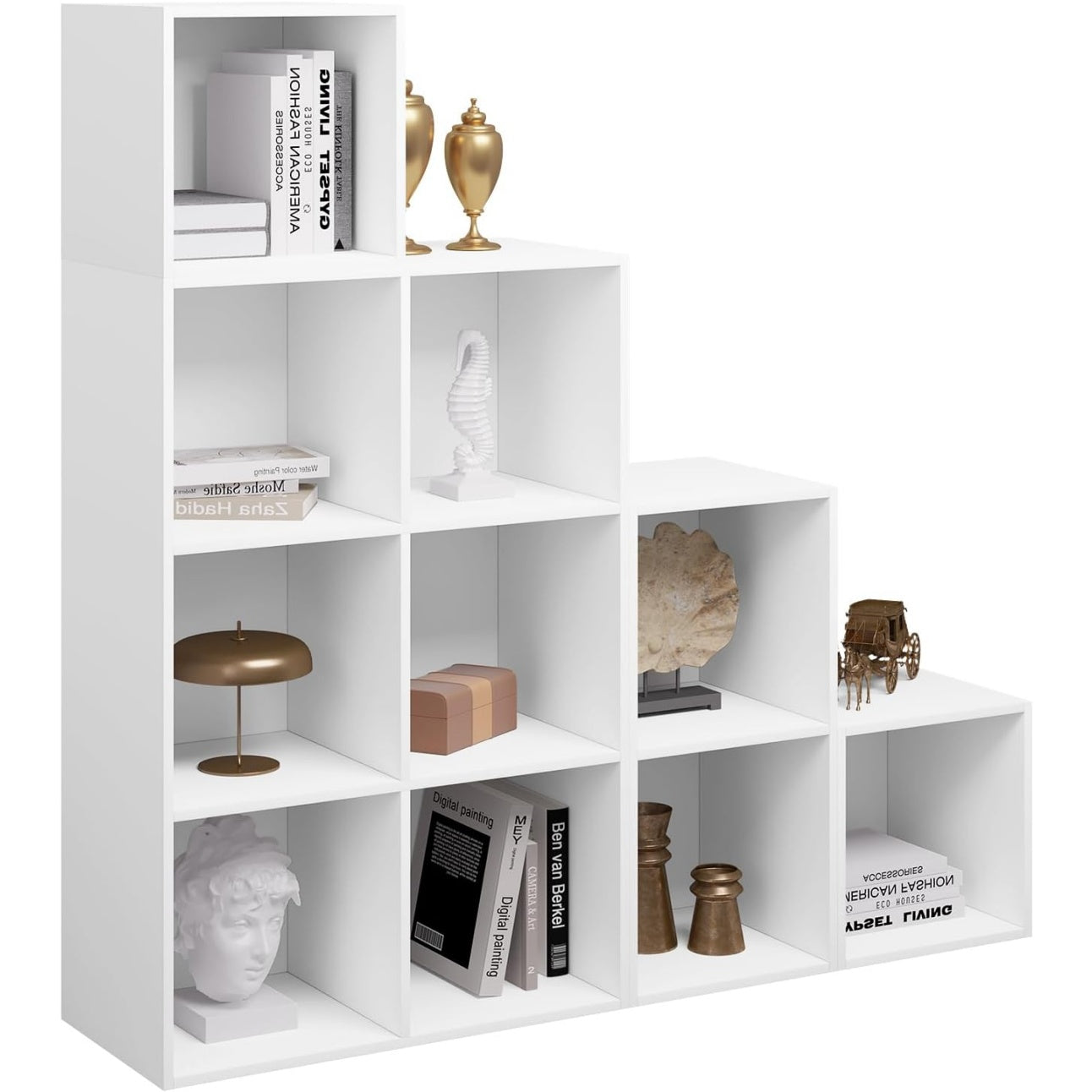 Bibliotheque blanche a dix compartiments ouverts avec structure en escalier