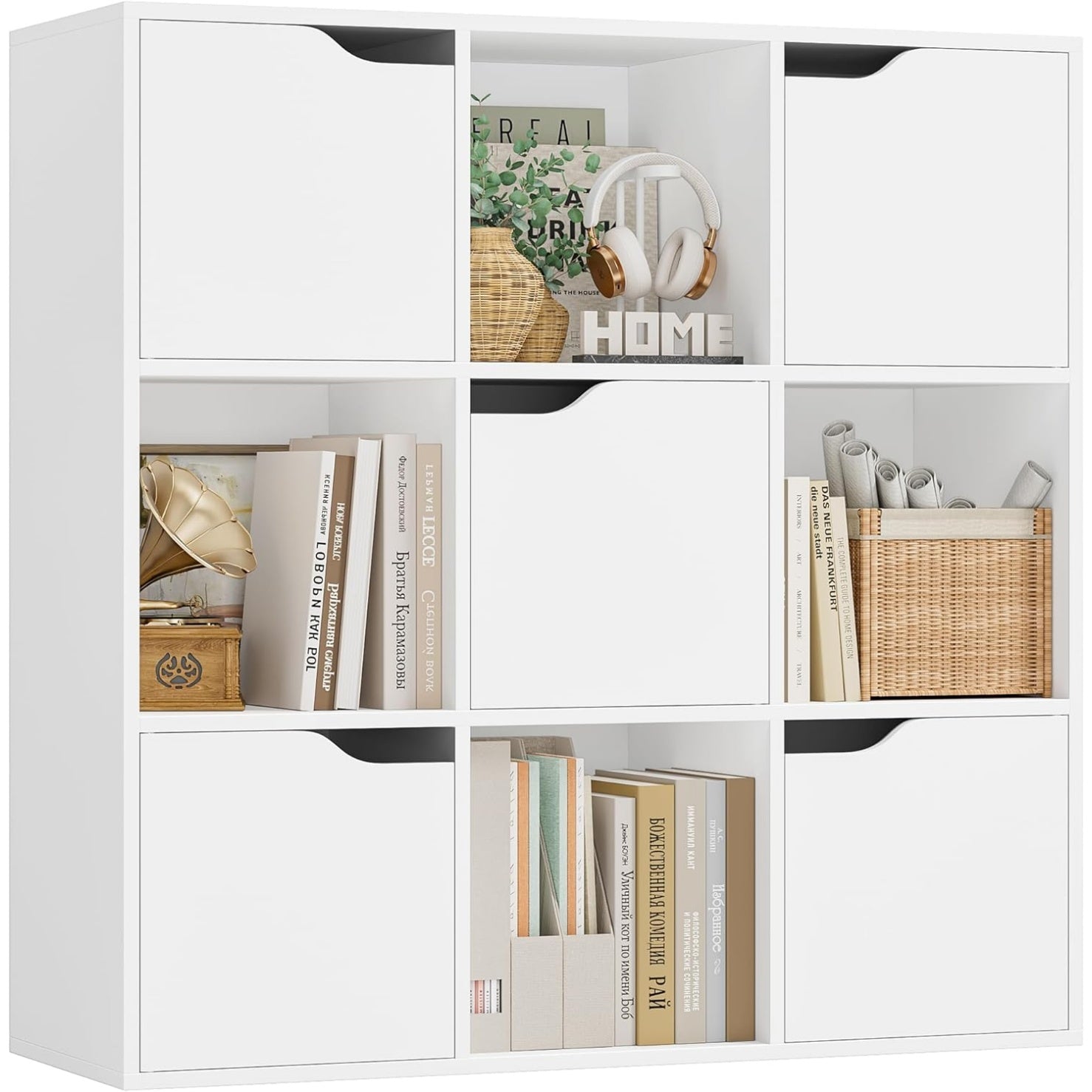 Bibliotheque blanche avec 9 etageres et 5 portes, meuble de rangement pour livres et decoration