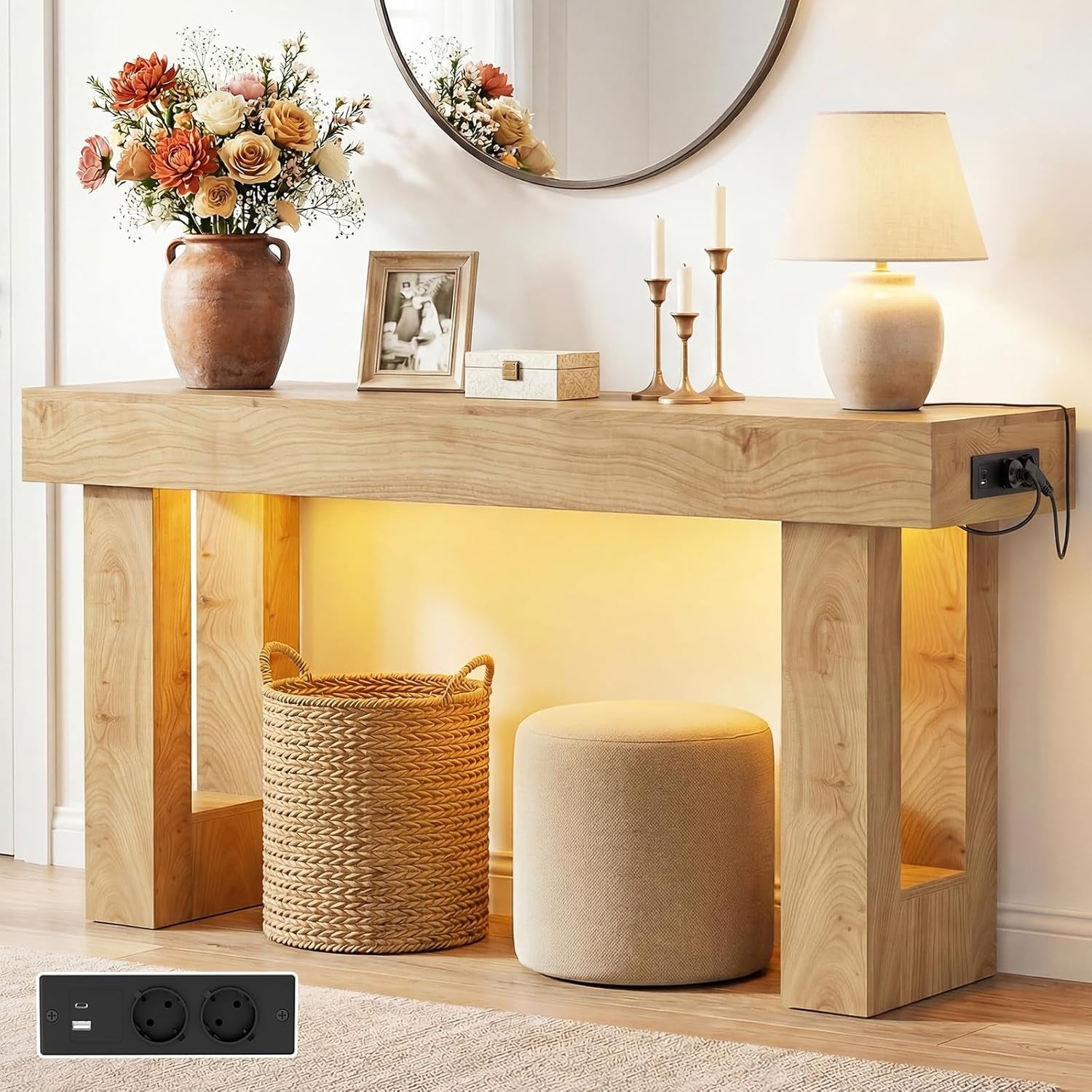 Console 120 x 35 x 85 cm avec prises electriques, ports USB et eclairage automatique, table d'entree en ch¨ºne naturel