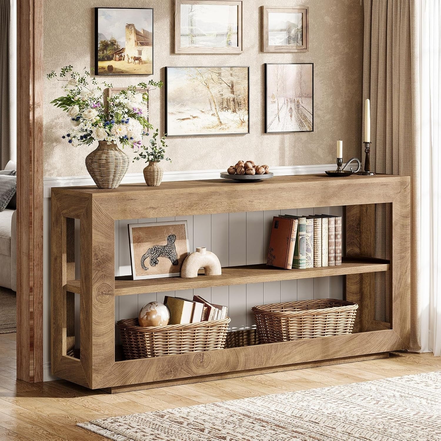 Console industrielle en bois avec trois niveaux de rangement pour entree, couloir ou salon