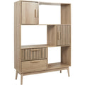 Grande bibliotheque en bois beige dotee de quatre portes et de multiples espaces de rangement