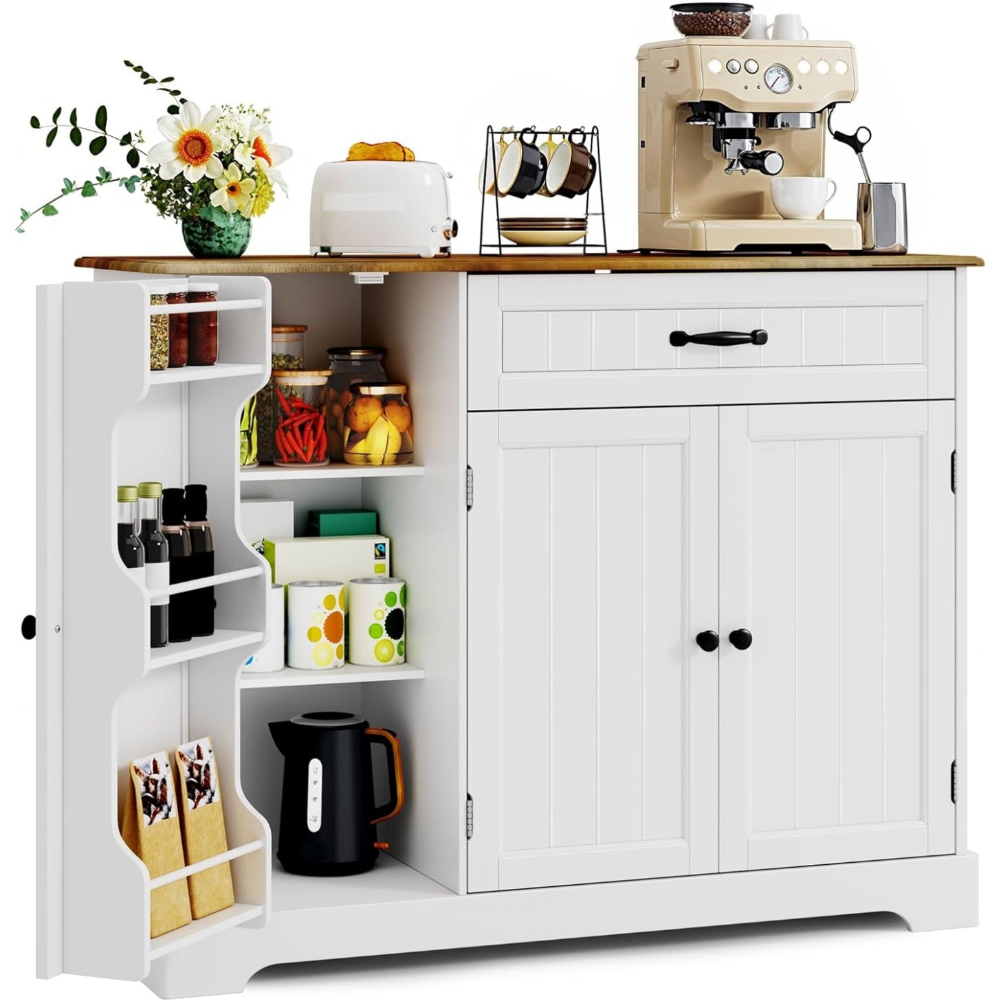Meuble de rangement multifonction avec tiroir, rangement sur trois niveaux integres et grand placard, style vintage pour interieur