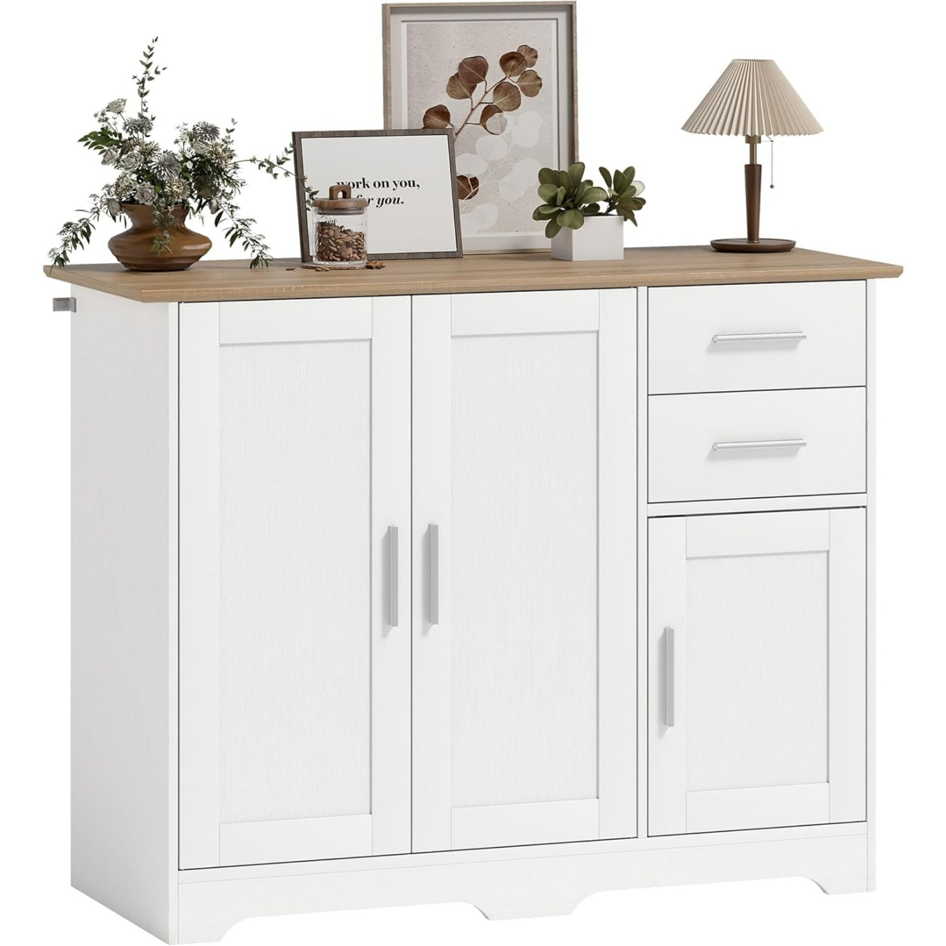 Buffet moderne avec 3 portes, 2 tiroirs et tablette reglable, meuble de rangement blanc et bois naturel