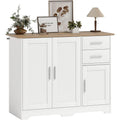 Buffet moderne avec 3 portes, 2 tiroirs et tablette reglable, meuble de rangement blanc et bois naturel