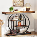 Console industrielle 105 cm a 4 niveaux avec etageres ouvertes et base circulaire, meuble etroit pour entree ou salon, marron rustique