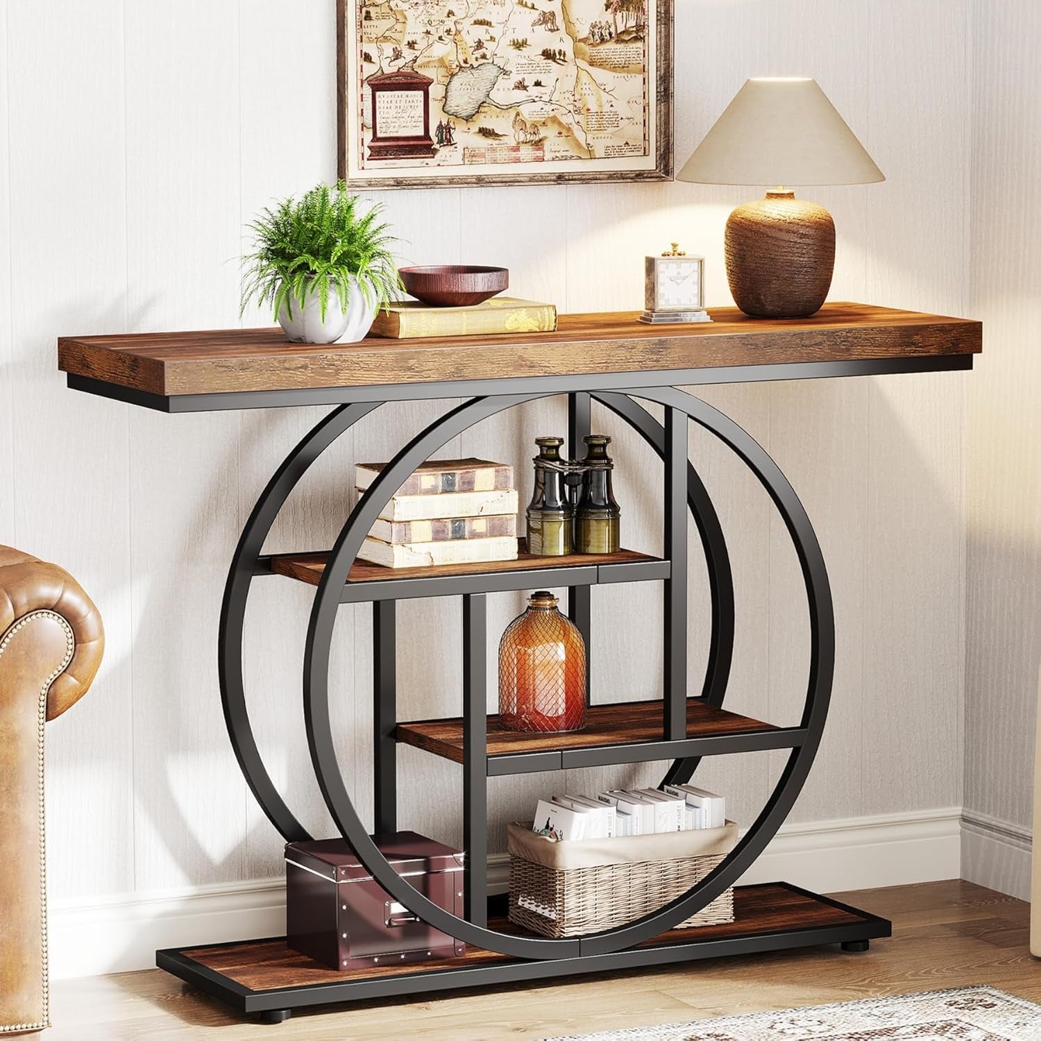 Console industrielle 105 cm a 4 niveaux avec etageres ouvertes et base circulaire, meuble etroit pour entree ou salon, marron rustique