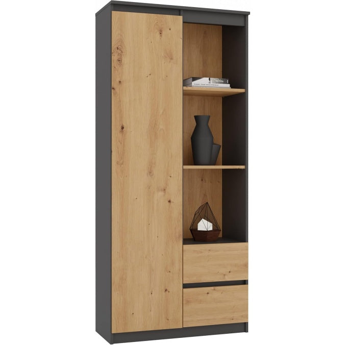 Bibliotheque moderne avec 7 compartiments et 2 tiroirs, meuble semi ouvert pour livres et dossiers, anthracite et chene artisan