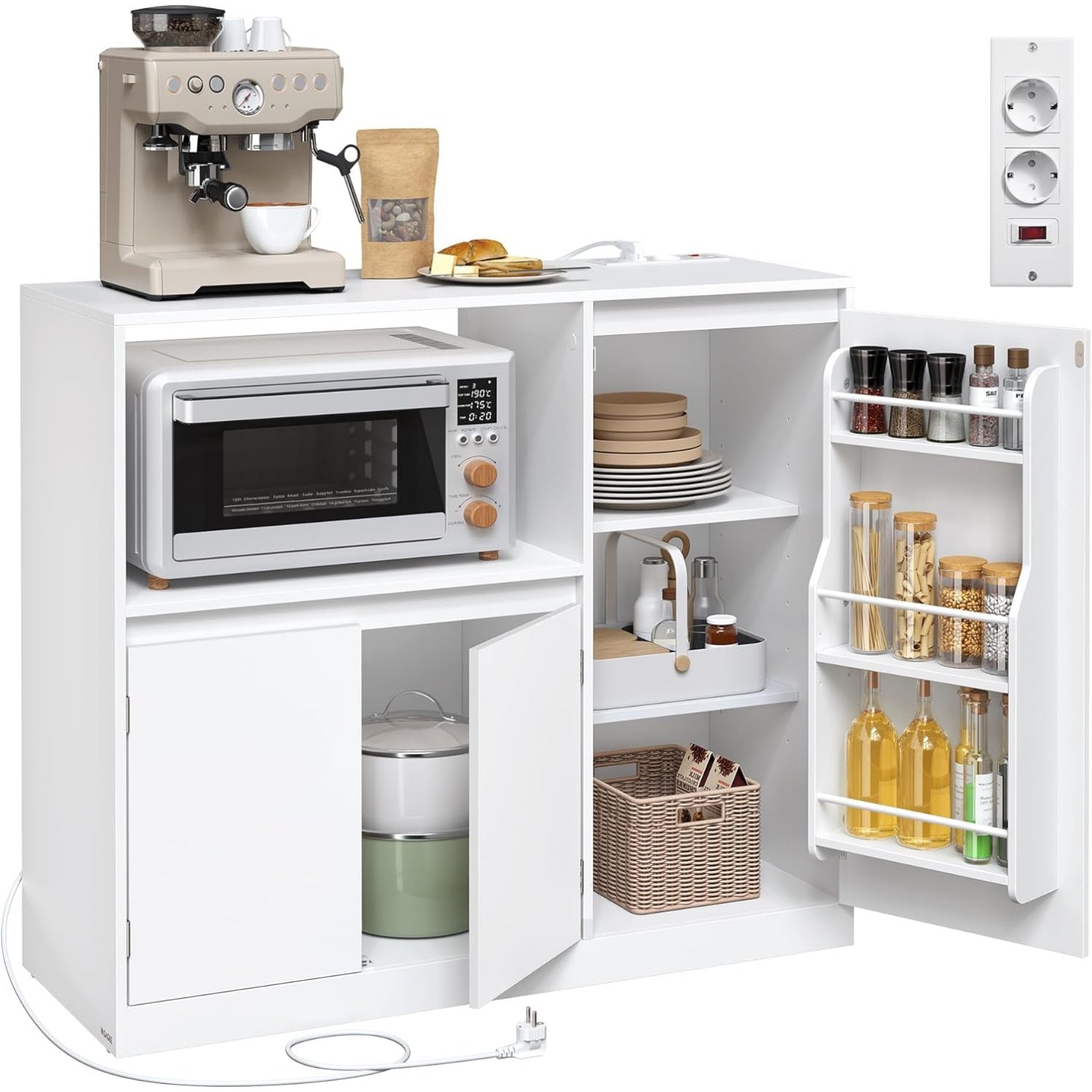 Buffet de cuisine avec plan de travail, compartiment ouvert, 3 portes et etageres reglables, finition blanc nuage